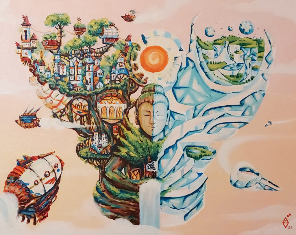 An imaginative depiction of Buddha City where the past and future coexist harmoniously. Two distinct civilizations, respecting each other, live together in the union of souls. Diversity is celebrated as a source of wealth, exchange, and strength.